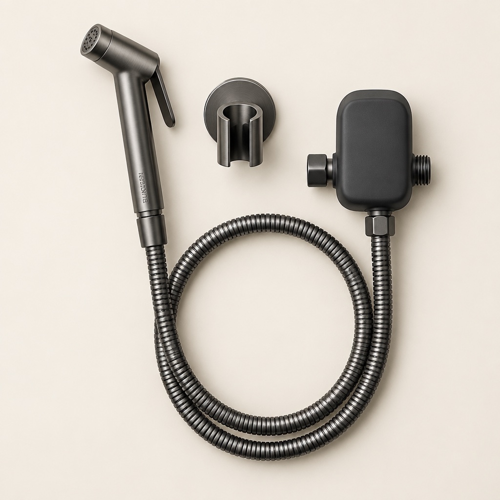 The Good Sort brushed gunmetal BumGun with hose and concept protection enclosure