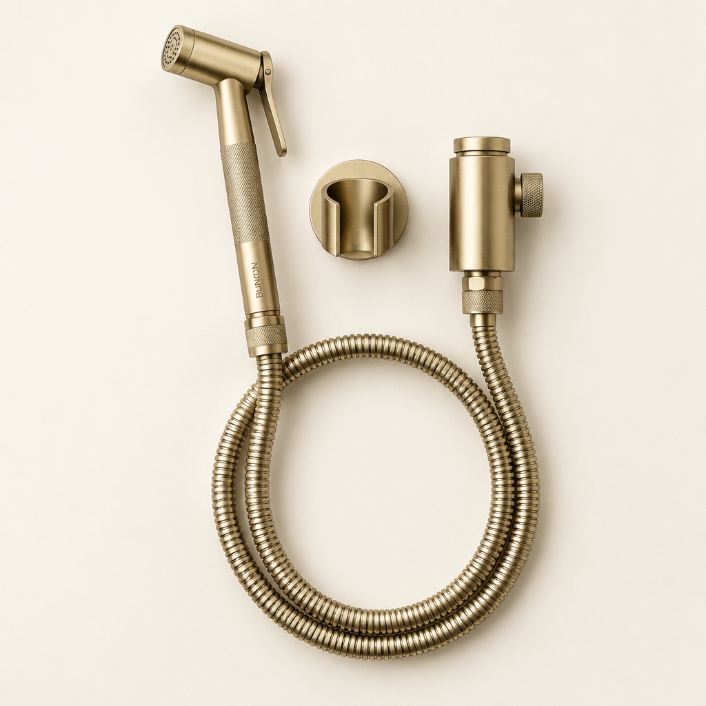 The Royal Flush champagne brass BumGun with knurled handle and matching concept protection enclosure